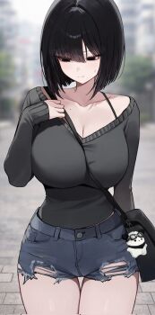 Rule 34 | 1girl, bag, biya (1024), black eyes, black hair, black shirt, blurry, blurry background, breasts, closed mouth, corrupted twitter file, cowboy shot, day, denim, denim shorts, highres, large breasts, long sleeves, mole, original, outdoors, shirt, short hair, short shorts, shorts, solo, thighs, torn clothes, torn shorts