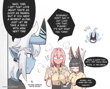 4girls afterimage animal_ear_fluff animal_ears artist_name black_hair black_shirt blue_fire blue_skin blunt_bangs blush breasts closed_eyes colored_skin commentary dailymiyanagi earrings english_commentary english_text fire flying_sweatdrops fox_ears fox_girl full-face_blush highres horns hoshimi_miyabi jewelry long_hair motion_lines multiple_girls no_mouth oni pink_hair pointy_ears red_eyes ring science_babies shirt short_sleeves simple_background soukaku_(zenless_zone_zero) speech_bubble tailless_(zenless_zone_zero) tsukishiro_yanagi wedding_ring white_background white_hair wife_and_wife yellow_shirt yuri zenless_zone_zero
