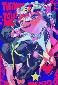 1girl bandaid bandaid_on_face bandaid_on_nose belt belt_collar black_jacket blue_eyes blue_nails collar commentary_request commission cowboy_shot cross cross_necklace crucifix hair_ornament hairclip highres jacket jewelry leaning_forward long_hair looking_at_viewer multicolored_nails necklace open_mouth original pink_hair red_nails shinjitsu_no_kuchi skeb_commission skull_hair_ornament smile solo thigh_belt thigh_strap white_belt