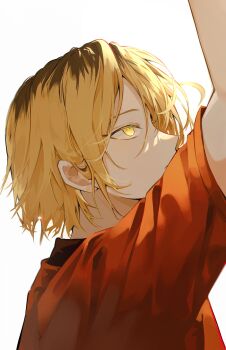 1boy absurdres arm_up black_hair blonde_hair from_side haikyuu!! highres kozume_kenma male_focus multicolored_hair myanya nekoma_volleyball_uniform short_hair simple_background slit_pupils solo sportswear volleyball_uniform white_background yellow_eyes