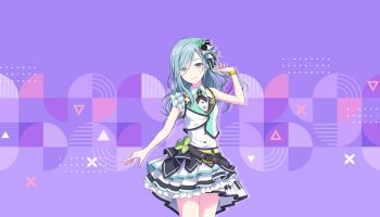 1girl belt blue_eyes blue_hair closed_mouth collared_shirt colorful_palette flower game_cg green_flower hair_flower hair_ornament highres hinomori_shizuku idol_clothes mole mole_under_mouth multicolored_vest official_art piano_print pleated_skirt project_sekai purple_background shirt skirt smile solo third-party_source triangle vest white_shirt white_skirt white_vest yellow_belt