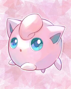Rule 34 | blue eyes, caramel pkmn, full body, gen 1 pokemon, hashtag-only commentary, highres, jigglypuff, looking at viewer, nintendo, no humans, open mouth, pink background, pink theme, pokemon, pokemon (creature)