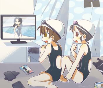 Rule 34 | 3girls, :d, barefoot, black hair, brown eyes, brown hair, competition swimsuit, dvd case, from side, full body, ga-rei, ga-rei zero, goggles, goggles on head, manabe miku, multiple girls, nm shirasu, one-piece swimsuit, open mouth, original, sitting, smile, swim cap, swimsuit, television, wariza, watching television, yanase chizuru