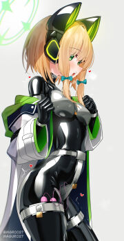 1girl absurdres animal_ear_headphones animal_ears arm_cuffs bdsm black_bodysuit blonde_hair blue_archive blue_bow blush bodysuit bodysuit_under_clothes bow breasts cat_ear_headphones cat_ears chain chastity_belt chastity_bra cuffs egg_vibrator fake_animal_ears green_eyes green_halo halo headphones heart highres jacket latex latex_bodysuit lock loli long_sleeves low_twintails maguro27 midori_(blue_archive) open_clothes open_jacket open_mouth padlock sex_toy shiny_clothes short_hair simple_background skin_tight small_breasts solo standing teeth thigh_cuffs thighs trembling twintails upper_teeth_only vibrator vibrator_in_thigh_strap vibrator_under_clothes white_background white_jacket