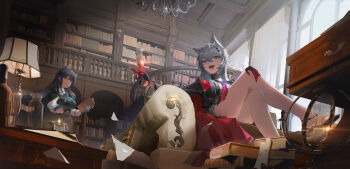 Rule 34 | 2girls, absurdres, animal ears, arknights, black gloves, black hair, black jacket, black vest, blue gloves, book, cape, closed mouth, commentary request, crossed legs, cup, extra ears, fingerless gloves, gloves, grey eyes, grey hair, hair between eyes, hair ornament, hairclip, highres, holding, holding book, holding cup, indoors, jacket, lappland (arknights), lappland the decadenza (arknights), library, long hair, long sleeves, looking at viewer, miguan pt, multiple girls, necktie, open mouth, shirt, sitting, texas (arknights), texas the omertosa (arknights), vest, white shirt, wide shot, wolf ears