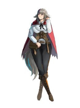 1girl bag black_pants boots breasts brown_boots cape commentary crossed_legs english_commentary fire_emblem fire_emblem_fates full_body grey_hair highres knee_boots lace-up_boots large_breasts nintendo pants red_cape red_eyes rod_langhi satchel shirt tail velouria_(fire_emblem) white_shirt wolf_girl wolf_tail