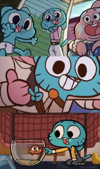 1girl 3boys baby belt brothers cartoon_network cat darwin_watterson family father_and_son fish fishbowl gumball_watterson looking_at_viewer mother_and_son multiple_boys necktie nicole_watterson paint rabbit richard_watterson rubber_duck siblings smile table the_amazing_world_of_gumball toddler v