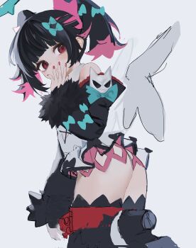 1girl absurdres bare_shoulders black_hair blunt_bangs bow bowtie colored_inner_hair cowboy_shot detached_sleeves dress fur-trimmed_sleeves fur_trim green_bow green_bowtie hair_bow highres kwak0729 loli looking_at_viewer multicolored_hair nangong_yu pink_hair red_eyes red_nails short_hair short_twintails solo twintails white_dress white_wings wings zenless_zone_zero