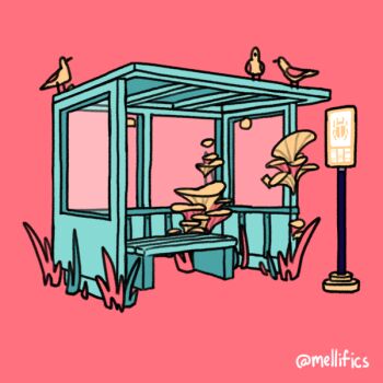 alt_text animal artist_name beetle bench bird bug bug_print bus_stop bus_stop_shelter bus_stop_sign commentary english_commentary fungal_growth grass insect limited_palette mellific mushroom no_humans original oyster_mushroom picrew_(medium) pink_background pink_wings plant scenery seagull sign simple_background sticker window wings yellow_bird