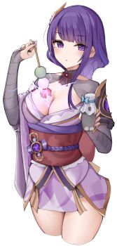 1girl absurdres armor braid breasts bridal_gauntlets cleavage clothing_cutout commentary dango dango_milk_(genshin_impact) electricity food genshin_impact gradient_hair hair_ornament head_tilt highres holding holding_food huge_breasts japanese_clothes kimono kopaka_(karda_nui) light_blush lingerie long_braid looking_at_viewer mole mole_under_eye multicolored_hair off_shoulder purple_eyes purple_hair purple_kimono purple_nails raiden_shogun red_sash sash shoulder_armor shoulder_cutout shy single_braid solo streaked_hair thighs underwear upper_body wagashi