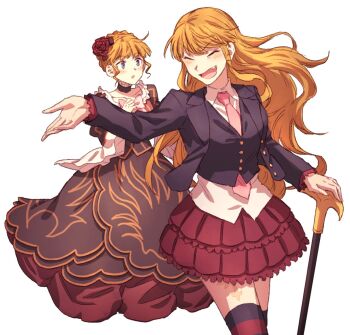 2girls ^_^ arm_up beatrice_(umineko) black_dress blonde_hair cane closed_eyes collared_shirt dawn_of_the_golden_witch dress dual_persona fang flower hair_flower hair_ornament highres holding holding_cane hswoimuxk0pwr0h_(bbdan) long_dress long_hair multiple_girls necktie open_mouth pink_necktie red_flower red_rose red_skirt rose shirt sidelocks simple_background skirt smile umineko_no_naku_koro_ni white_background white_shirt