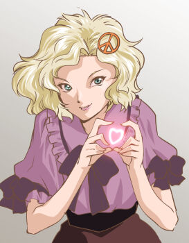 1girl blonde_hair bow commentary_request frills green_eyes hair_ornament heart heart_hands looking_at_viewer metal_gear_(series) metal_gear_solid mizuki_hitoshi paz_ortega_andrade peace_symbol purple_shirt shirt short_hair short_sleeves skirt solo tongue tongue_out upper_body