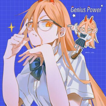 Rule 34 | 1girl, adjusting eyewear, chainsaw man, english text, fangs, hair between eyes, highres, ice morinaka, long hair, looking at viewer, necktie, power (chainsaw man), shirt, simple background, solo, teeth, white shirt, yellow eyes