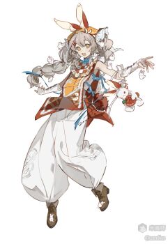 Rule 34 | 1girl, :d, animal ears, bare shoulders, boots, braid, brown boots, dated, double-parted bangs, fingerless gloves, full body, gloves, grey hair, hand up, lace-up boots, long hair, looking at viewer, mihuashi username, open mouth, original, pants, rabbit ears, rabbit girl, rabbit tail, red shirt, shirt, signature, simple background, sleeveless, sleeveless shirt, smile, solo, standing, standing on one leg, tail, twin braids, white background, white gloves, white pants, yellow eyes, zeriko