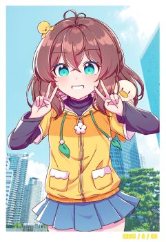 1girl antenna_hair blue_skirt border brown_hair commentary cowboy_shot crossed_bangs dated day double_v drawstring grin hand_up highres hood hood_down hoodie kaoling layered_sleeves long_hair long_sleeves looking_at_viewer miniskirt original outdoors pleated_skirt short_over_long_sleeves short_sleeves skirt smile solo symbol-only_commentary v white_border yellow_hoodie