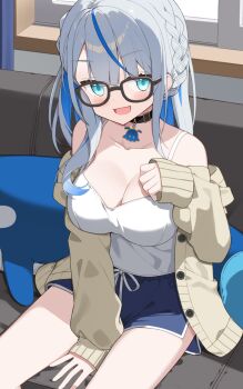 1girl amagai_ruka bare_shoulders between_legs black-framed_eyewear black_choker blue_eyes blue_hair blue_shorts blush braid breasts choker cleavage colored_inner_hair glasses grey_hair hand_between_legs highres indie_virtual_youtuber indoors large_breasts long_hair long_sleeves looking_at_viewer multicolored_hair open_mouth shirt shorts sitting sleeveless sleeveless_shirt smile solo sweater white_shirt yellow_sweater yoru_no_yayoi