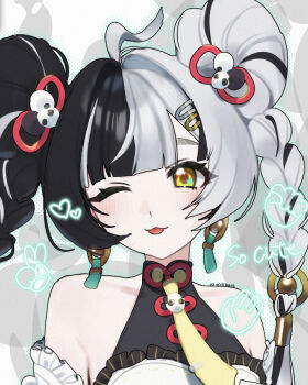 1girl ahoge black_hair braid china_dress chinese_clothes dialyn_(zenless_zone_zero) dress hair_ornament hairpin heart highres long_hair looking_at_viewer multicolored_hair one_eye_closed smile solo split-color_hair tongue tongue_out twin_braids ume_(yuuki-110813) white_dress white_hair yellow_eyes zenless_zone_zero