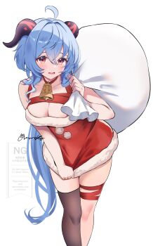1girl ahoge alternate_costume amaneko_(amaneko_y) bare_shoulders bell blue_hair blush breasts cleavage collarbone commentary_request dress fur-trimmed_dress fur_trim ganyu_(genshin_impact) genshin_impact hair_between_eyes highres holding holding_sack large_breasts leaning_forward light_blue_hair long_hair looking_at_viewer neck_bell nervous_smile parted_lips purple_eyes red_dress red_ribbon ribbon sack signature skirt skirt_tug smile solo strapless strapless_dress very_long_hair