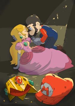 1boy 1girl blonde_hair blue_eyes breasts brown_hair closed_eyes crown death dress facial_hair gloves hand_on_another's_shoulder hat highres holding_hands large_breasts legs long_hair mario mario_(series) mustache nintendo open_mouth overalls pink_lips princess princess_peach sad short_hair sitting teeth thighs tongue torn_clothes