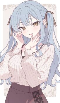 1girl bang_dream! bang_dream!_it&#039;s_mygo!!!!! black_camisole black_ribbon blue_hair blush breasts brown_eyes camisole commentary e20 hair_ribbon hands_up highres large_breasts long_hair long_sleeves looking_at_viewer open_mouth ribbon sidelocks solo sweater togawa_sakiko white_sweater