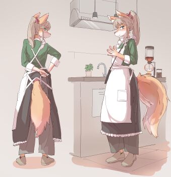 1girl absurdres animal_ear_fluff animal_ears apron blonde_hair clothing_cutout coffee_pot commentary_request counter faucet fox_ears fox_girl fox_tail furry furry_female green_shirt hair_ribbon hanging_light highres leonardo_(user_crrj8878) looking_at_viewer multiple_views original pants plant ponytail potted_plant ribbon shirt shoes sink snout solo standing tail tail_through_clothes tile_floor tiles