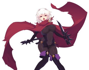 1girl :o arisia_hellioxenes bodysuit boots breasts cape covered_navel dual_wielding game_cg gloves holding holding_weapon kourin_tenshi_en_ciel_rena large_breasts large_variant_set looking_at_viewer non-web_source official_art open_mouth purple_eyes saitou_natsuki short_hair skin_tight solo suhamaya thigh_boots thighhighs transparent_background variant_set weapon white_hair