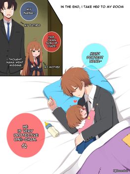 Rule 34 | 2boys, 2girls, absurdres, aged down, ahoge, anger vein, baby bottle, beard, black hair, black jacket, black pants, blazer, blue necktie, bottle, brother and sister, brown hair, closed eyes, commentary, crossed arms, crying, cuddling, eleazarmikai, emblem, english commentary, english text, facial hair, family, flower, green eyes, grey jacket, hair flower, hair ornament, heart, height difference, highres, husband and wife, jacket, layered sleeves, long hair, long sleeves, lying, multiple boys, multiple girls, nana (eleazarmikai), necktie, on side, onii-chan (eleazarmikai), original, pants, patch, pillow, pink shirt, red necktie, school uniform, shirt, short hair, siblings, sleeping, stitched, streaming tears, tears, third-party edit, toddler, twitter username, under covers, white flower