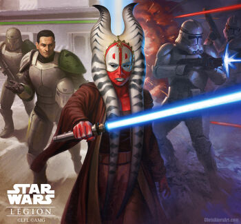 1girl 4boys alien armor black_hair blue_lightsaber chris_bjors colored_skin copyright_name energy_sword english_text explosion gun helmet holding holding_gun holding_sword holding_unworn_helmet holding_weapon jedi laser lightsaber looking_at_viewer multiple_boys red_skin shaak_ti short_hair star_wars star_wars_legion stormtrooper sword togruta unworn_headwear unworn_helmet weapon white_armor