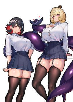 2girls absurdres black_garter_straps black_hair blonde_hair breasts brown_thighhighs button_gap commentary_request ellen_joe ellen_joe_(on_campus) fins fish_tail garter_straps highres large_breasts monster_girl multicolored_hair multiple_girls nicchi red_hair scylla shark_girl shark_tail shirt short_hair standing tail tentacles thick_thighs thighhighs thighs two-tone_hair white_shirt yidhari_murphy zenless_zone_zero