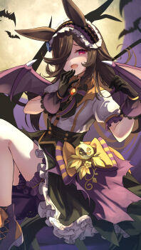 1girl animal_ears bat_(animal) bat_wings black_gloves black_skirt blush bow brown_hair fangs flipped_hair frilled_hairband frills full_moon gloves hair_over_one_eye hairband halloween halloween_costume highres horse_ears horse_girl horse_tail long_hair looking_at_viewer meyamu moon official_alternate_costume open_mouth puffy_short_sleeves puffy_sleeves purple_eyes purple_wings rice_shower_(make_up_vampire!)_(umamusume) rice_shower_(umamusume) shirt shoes short_sleeves skirt smile solo tail teeth umamusume upper_teeth_only white_shirt wings