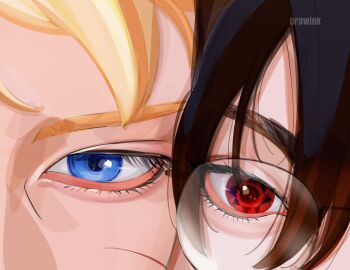1boy 1girl artist_name black_hair blonde_hair blue_eyes boruto:_two_blue_vortex cheek-to-cheek close-up commentary drawink eye_focus facial_mark glasses heads_together highres mangekyou_sharingan naruto_(series) red_eyes sharingan uchiha_sarada uzumaki_boruto watermark whisker_markings