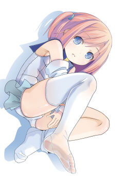 1girl ass between_legs blue_eyes brown_hair cosplay detached_sleeves feet hand_between_legs highres legs lying moetan nijihara_ink no_shoes on_side one-piece_swimsuit pastel_ink pastel_ink_(cosplay) pop_(electromagneticwave) school_swimsuit short_hair showgirl_skirt soles solo swimsuit thighhighs thighs toes two_side_up white_one-piece_swimsuit white_sleeves white_thighhighs