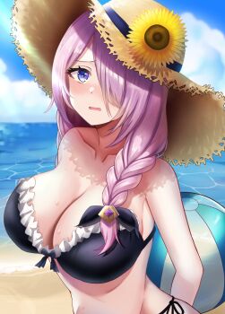 1girl absurdres ball beach beachball blue_eyes blush braid breasts hat highres kage_no_jitsuryokusha_ni_naritakute! kage_no_jitsuryokusha_ni_naritakute!_master_of_garden large_breasts long_hair looking_at_viewer nagisilon open_mouth pink_hair solo sun_hat sweat swimsuit victoria_(kagejitsu)