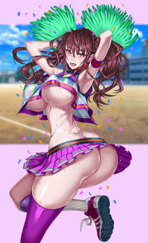 Rule 34 | 1girl, ass, blush, breasts, cheerleader, covered erect nipples, crop top, earrings, heart, heart earrings, highres, honjou raita, jewelry, kuramoto erika, mahou shoujo (raita), no panties, pom pom (cheerleading), purple eyes, red hair, shiny skin, skirt, sweat, twintails, underboob