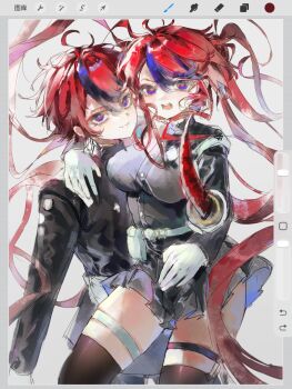 1boy 1girl ahoge arm_around_shoulder armband art_program_in_frame belt belt_pouch black_hair black_jacket black_skirt black_thighhighs blue_eyes blue_hair breasts buttons closed_mouth commentary dual_persona eyeliner fang genderswap genderswap_(mtf) gloves hand_on_another&#039;s_waist hashtag-only_commentary highres holding holding_sword holding_weapon jacket large_breasts last_defense_academy_school_uniform long_hair long_sleeves makeup miniskirt multicolored_hair pleated_skirt pouch procreate_(medium) procreate_(software) red_eyeliner red_hair school_uniform skirt streaked_hair sumino_takumi sword the_hundred_line_-last_defense_academy- thigh_strap thighhighs thighs two-tone_hair weapon white_armband white_belt white_gloves yanrenxi20831