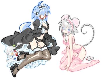 2girls :/ :o ahoge animal_ears armpit_crease bare_arms between_legs black_bra black_dress black_hairband black_panties black_shoes blue_eyes blue_hair blush_stickers bow bra breasts broken_plate brown_eyes cake cake_slice cleavage clothes_lift collared_dress commentary dog_ears dog_girl dog_tail dress dress_lift fang food footwear_bow frilled_hairband frilled_thighhighs frills full_body garter_straps glasses grey_hair hairband hand_between_legs high_heels juliet_sleeves kichiko_(ryu10855) long_sleeves looking_at_viewer medium_breasts medium_hair mouse_(animal) mouse_ears mouse_girl mouse_tail multiple_girls navel no_shoes open_clothes open_dress open_mouth original panties pink_bra pink_hairband pink_panties pink_thighhighs plate puffy_sleeves red-framed_eyewear ribbon semi-rimless_eyewear shoes simple_background sitting symbol-only_commentary tail thighhighs under-rim_eyewear underwear wariza white_background white_ribbon