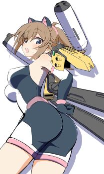 1girl absurdres animal_ears ass blue_eyes blush bodysuit breasts brown_hair cat_ears elbow_gloves fake_animal_ears gloves gundam gundam_build_metaverse haruwo0096 highres hoshino_fumina large_breasts looking_at_viewer looking_back mecha_musume open_mouth ponytail simple_background solo weapon white_background
