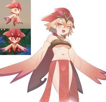 1girl :d absurdres bandeau bare_shoulders black_bandeau blonde_hair breasts commentary cowboy_shot creature_and_personification crossed_bangs double-parted_bangs english_commentary fang genshin_impact hair_between_eyes hat highres looking_at_viewer medium_breasts navel open_mouth oro_(lsg0624) pelvic_curtain personification red_hat red_skirt reference_inset screenshot_inset short_hair simple_background skirt smile solo sorush_(genshin_impact) stomach underboob white_background winged_arms wings yellow_eyes