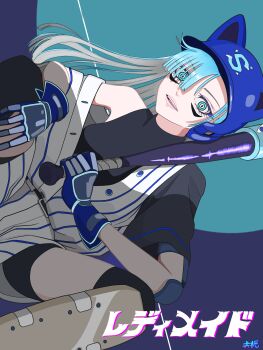 1girl absurdres ado_(utaite) animal_ear_helmet animal_helmet baseball_bat black_shirt black_shorts blue_eyes blue_gloves blue_hair blue_helmet colored_inner_hair commentary_request gloves helmet highres holding holding_baseball_bat long_hair merry_(ado) multicolored_hair open_mouth readymade_(ado) shirt shorts sitting solo song_name teeth tomoyaku undershirt white_hair white_shirt