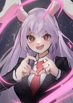 1girl animal_ears black_jacket blazer blush commentary commission dress_shirt fingernails four-finger_heart_hands heart heart_hands highres jacket kuron_(uwbf5) long_hair long_sleeves looking_at_viewer nail_polish necktie purple_hair rabbit_ears rabbit_girl red_eyes red_necktie reisen_udongein_inaba shirt skeb_commission smile solo straight_hair touhou upper_body very_long_hair white_shirt