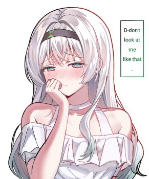 1girl @_@ blush brown_hairband choker closed_mouth commentary devl_ga_aru english_commentary english_text firefly_(honkai:_star_rail) frilled_shirt frills gradient_eyes gradient_hair grey_hair hair_between_eyes hair_intakes hairband highres honkai:_star_rail honkai_(series) long_hair multicolored_eyes multicolored_hair off-shoulder_shirt off_shoulder shirt simple_background solo white_background white_choker