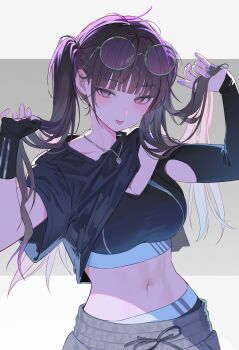 Rule 34 | 1girl, :p, black gloves, black shirt, border, breasts, brown eyes, brown hair, crop top, fingerless gloves, gloves, grey-framed eyewear, grey background, highres, holding, holding own hair, jewelry, large breasts, letterboxed, long hair, looking at viewer, midriff, myabit, navel, necklace, original, outside border, purple-tinted eyewear, round eyewear, shirt, single fingerless glove, solo, sports panties, tinted eyewear, tongue, tongue out, twintails, upper body, white border