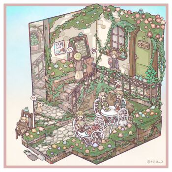 2girls 3boys :3 :d animal black_shirt border brown_jacket chair chigu closed_eyes commentary_request cup dog door drinking drinking_straw fang floorplan flower gradient_background highres holding holding_cup jacket leaf long_sleeves menu multiple_boys multiple_girls open_clothes open_jacket open_mouth original pleated_skirt purple_jacket shirt sitting skin_fang skirt smile speech_bubble spoken_food thought_bubble twitter_username white_border white_skirt window