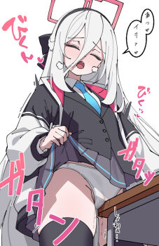 1girl area69 black_jacket black_thighhighs blazer blue_archive blue_necktie blush closed_eyes clothes_lift crotch_rub desk female_masturbation grey_hair hairband halo highres jacket kei_(blue_archive) kei_(new_body)_(blue_archive) lifting_own_clothes loli long_hair masturbation necktie panties pleated_skirt pussy_juice school_desk school_uniform simple_background skirt skirt_lift solo table table_humping thighhighs translation_request underwear very_long_hair white_background white_panties