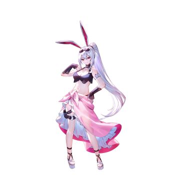 1girl alternate_costume alternate_hairstyle animal_ears armlet belt bikini black_bikini breasts cleavage closed_mouth collarbone crescent crescent_pin day eyewear_on_head full_body grey_hair highres jewelry looking_at_viewer navel non-web_source official_art pink_sarong platform_sandals ponytail rabbit_ears red_eyes reisen_udongein_inaba sandals sarong second-party_source smile solo stomach sunglasses swimsuit thigh_belt thigh_strap touhou touhou_gensou_eclipse transparent_background u_u_zan white_sandals