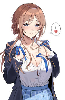 ... 1girl although_she_hurriedly_put_on_clothes_(meme) black_jacket blazer blue_ribbon blue_skirt blush bra breasts brown_hair cleavage commentary_request gakuen_idolmaster hatsuboshi_gakuen_school_uniform heart hickey highres himesaki_rinami idolmaster jacket large_breasts long_hair meme neck_ribbon open_clothes open_jacket revision ribbon school_uniform shirt shirt_tucked_in simple_background skirt solo spoken_ellipsis spoken_heart sweat taniguchi_daisuke underwear undone_neck_ribbon upper_body white_background white_bra white_shirt
