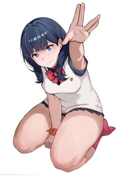 Rule 34 | 1girl, arm up, between legs, black hair, black shirt, black skirt, blue eyes, bow, bowtie, breasts, gridman universe, hand between own legs, medium hair, miniskirt, orange scrunchie, pink socks, red bow, red bowtie, salute, school uniform, scrunchie, seiza, shee-p (inemurisheep113), shirt, sitting, skirt, small breasts, smile, socks, solo, ssss.gridman, sweater vest, takarada rikka, thick thighs, thighs, vulcan salute, white sweater vest, wrist scrunchie