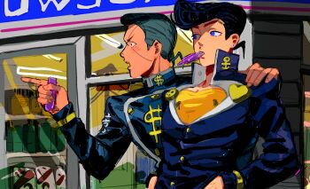2boys anchor_symbol black_hair blue_eyes blush buttons clothes_writing convenience_store diamond_wa_kudakenai dollar_sign drinking earrings facial_mark gakuran glass_door grey_hair hand_on_another&#039;s_shoulder hands_in_pockets heart higashikata_josuke highres jewelry jojo_no_kimyou_na_bouken looking_to_the_side male_focus multicolored_hair multiple_boys nijimura_okuyasu open_mouth outdoors peace_symbol pointing pompadour ramune school_uniform shelf shirt shop sparkle stud_earrings sweat two-tone_hair upper_body user_ftf4740 v-shaped_eyebrows yellow_shirt zipper