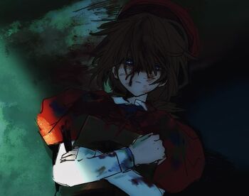 1boy androgynous beret blood blood_on_ground blood_on_hands bright_pupils brown_hair bruise bruise_on_face capelet crossed_arms edgar_valden expressionless hair_between_eyes hat holding holding_paintbrush identity_v injury lying male_focus medium_hair on_back paintbrush red_capelet red_hat red_ribbon ribbon shirt solo ttptg6 upper_body white_pupils white_shirt