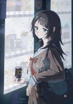 Rule 34 | 1girl, absurdres, aqua eyes, arm rest, artist name, ayako (dfl), bag, bang dream!, bang dream! it's mygo!!!!!, black hair, blurry, bottle, bow, bowtie, brown dress, buttons, can, canned coffee, closed mouth, commentary, cowboy shot, dated, depth of field, double-breasted, dress, drink can, hanasakigawa school uniform, hands up, highres, holding, holding can, light blush, long hair, long sleeves, looking at viewer, looking to the side, night, outdoors, pleated dress, red bow, red bowtie, sailor collar, school uniform, serafuku, shoulder bag, solo, standing, vending machine, white sailor collar, yahata umiri